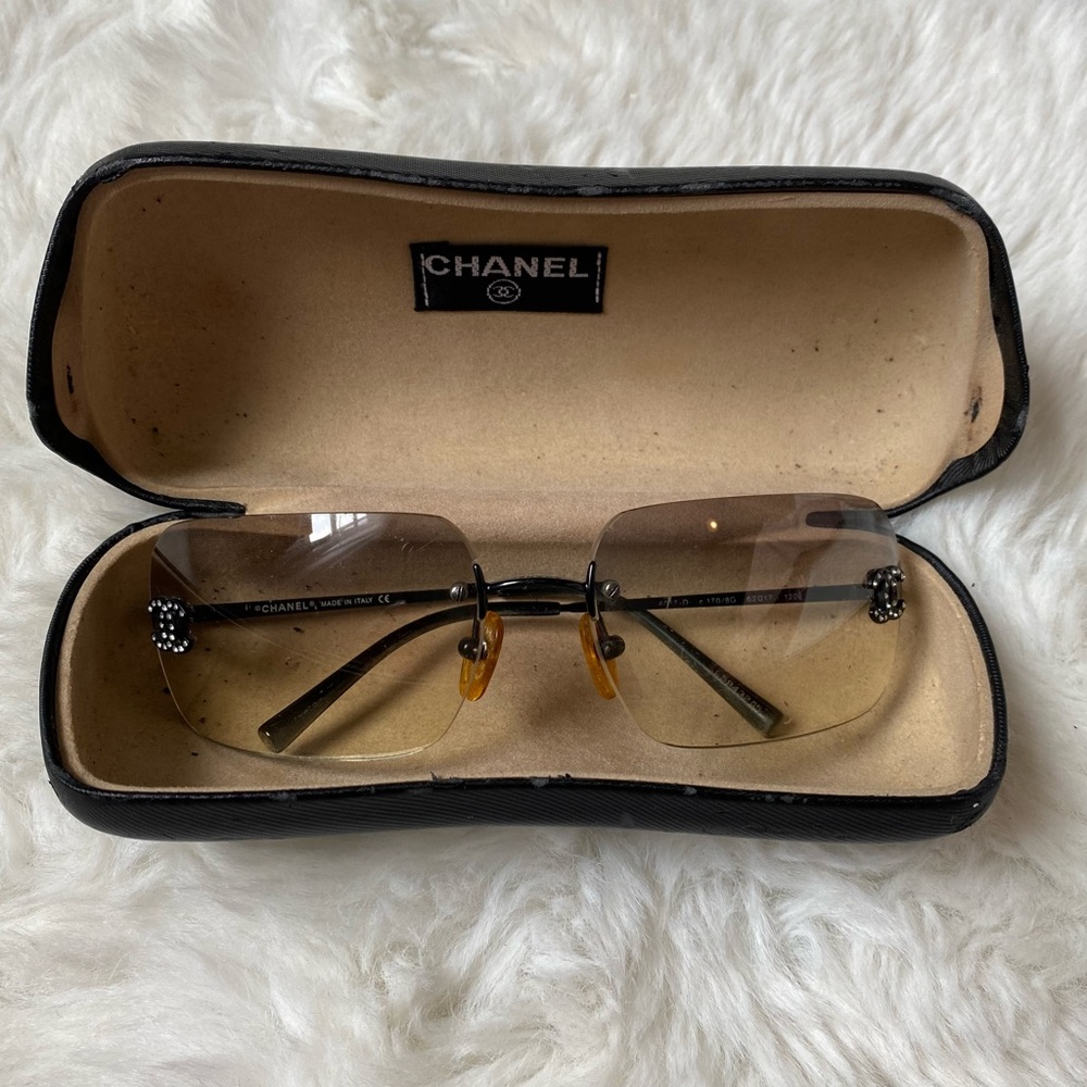 Vintage Chanel Black Gray Gradient Rimless Rhinestone Sunglasses